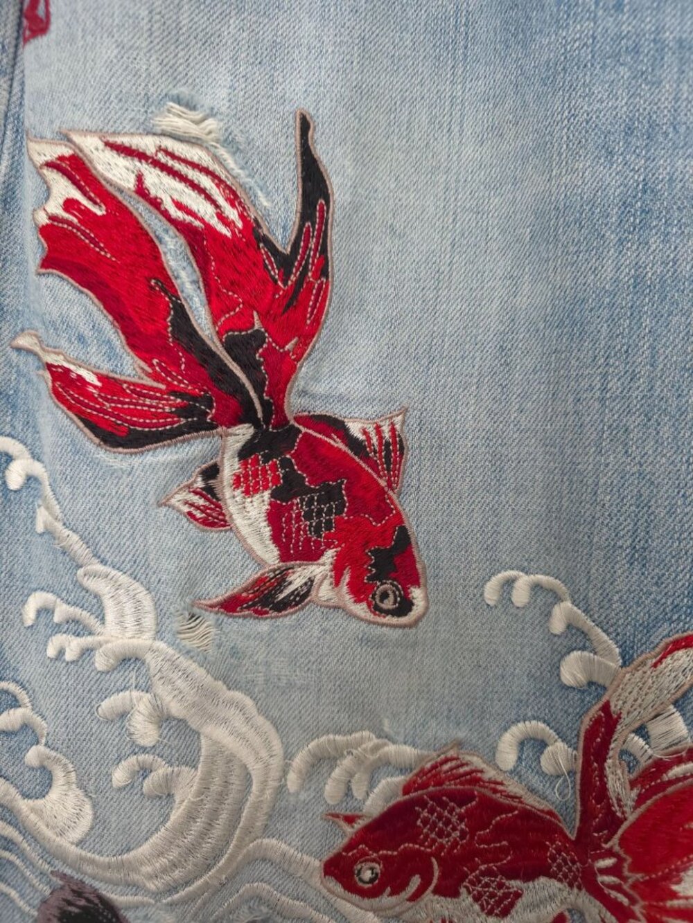 Karakuri Tamashii Japanese Denim Jeans w/ Embroidered Koi Fish & Wave Design 32 - Picture 9 of 13